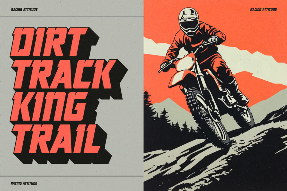 DIRT TRACK KING text beside rider airborne on motocross bike in mountains