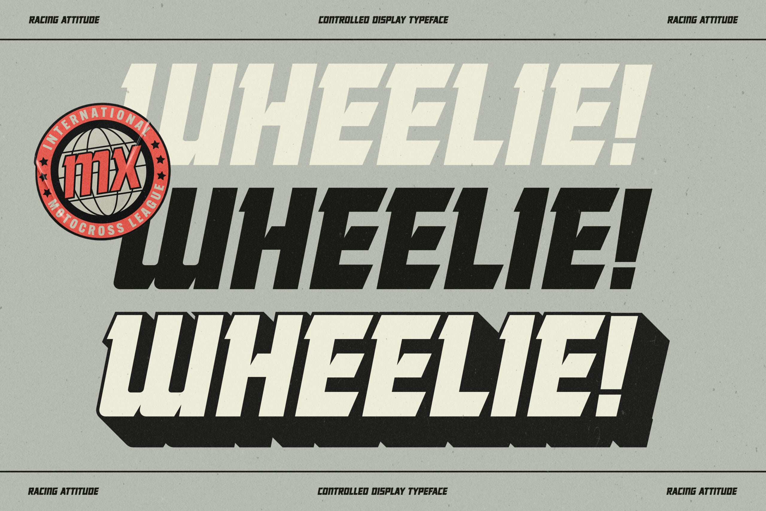 WHEELIE WHEELIE display typeface in thick black letters with retro badge