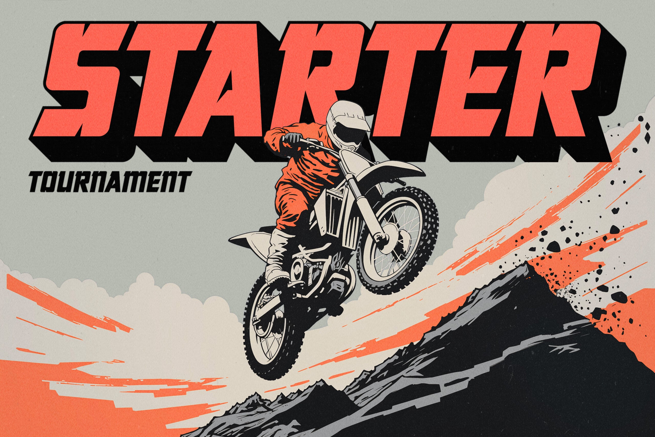 Rider launching off dirt jump on motorbike with bold red STARTER text