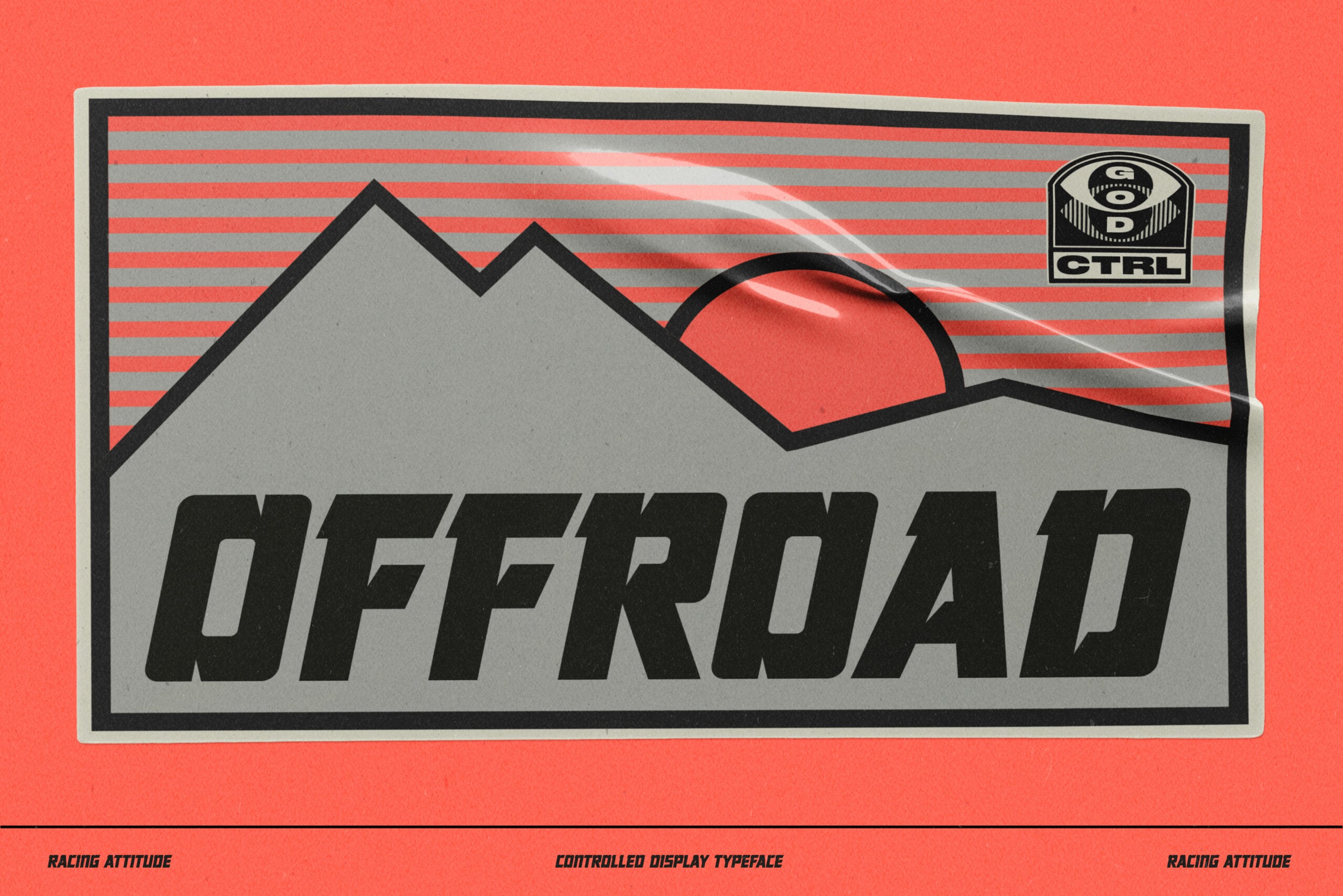 Offroad label with mountains, sun, striped pattern on bright background