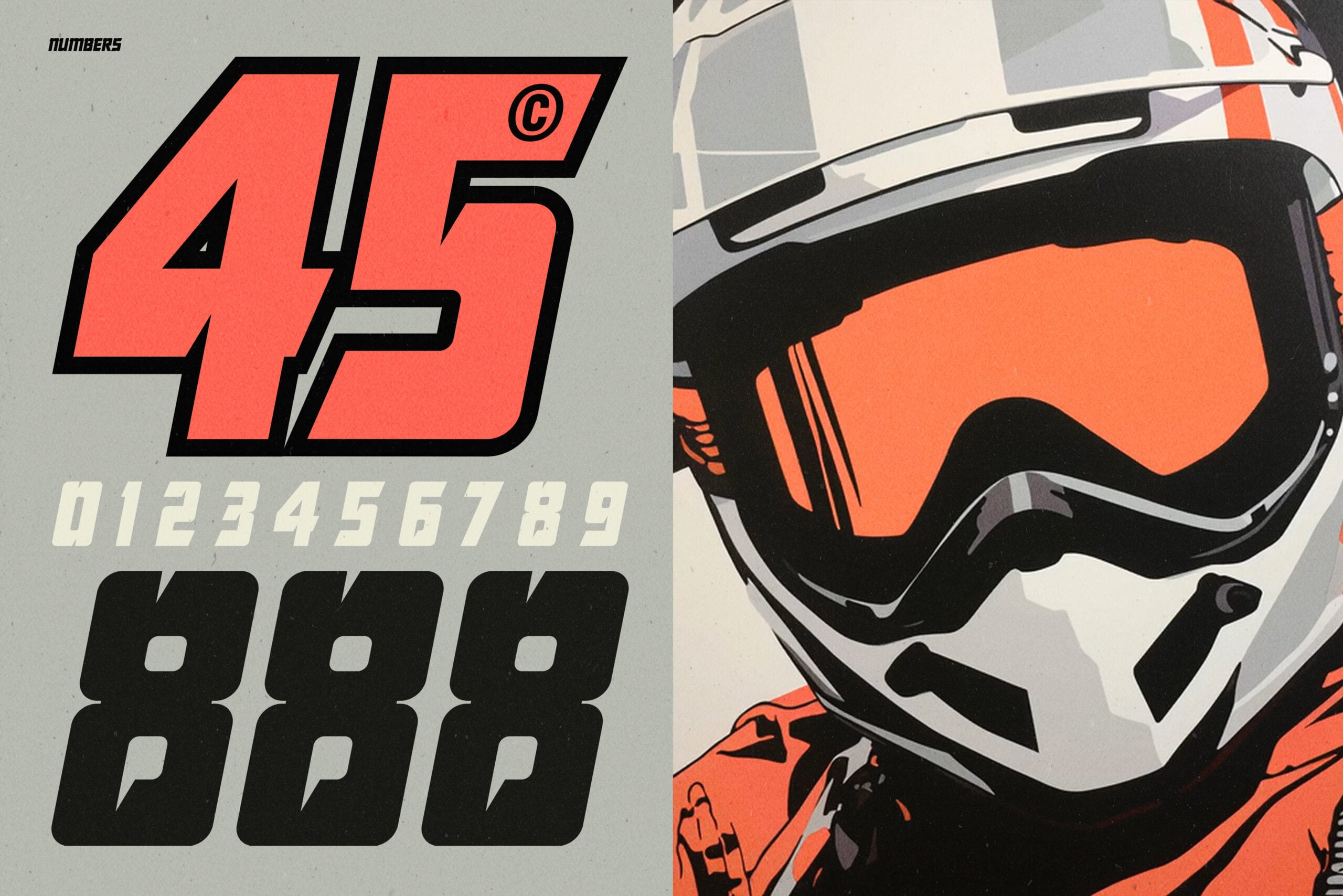 Race number 45 in bold red with goggles close-up showing orange lens