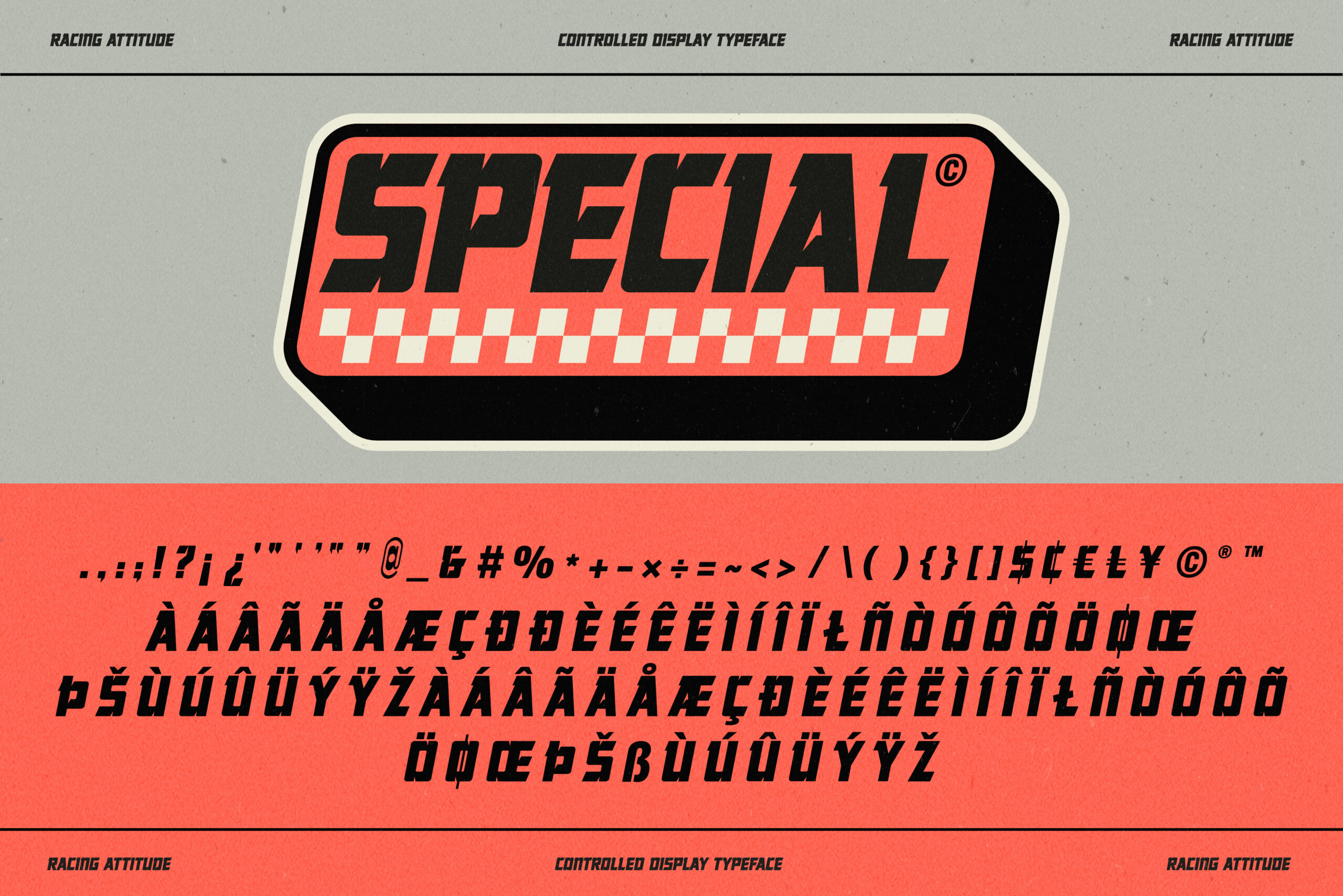 Special badge label with checkered racing stripe pattern underneath