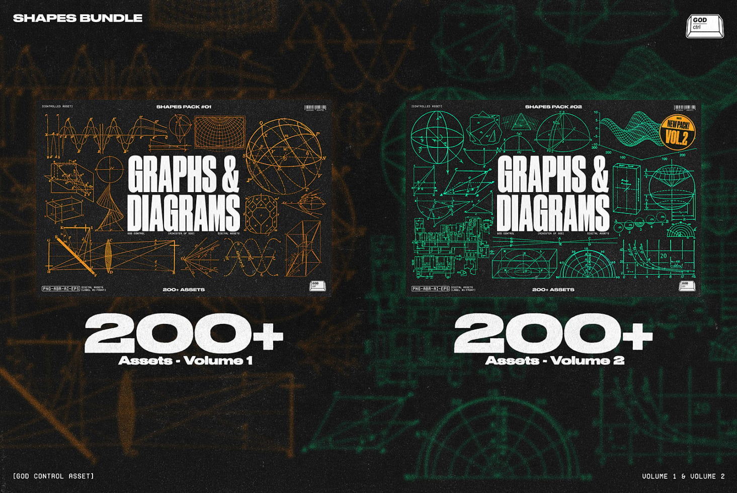 Two volume covers for graphs diagrams pack, orange vol 1 teal vol 2, 200+ assets each