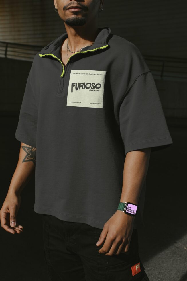 Dark half zip hoodie on model with chest patch mockup neon trim details