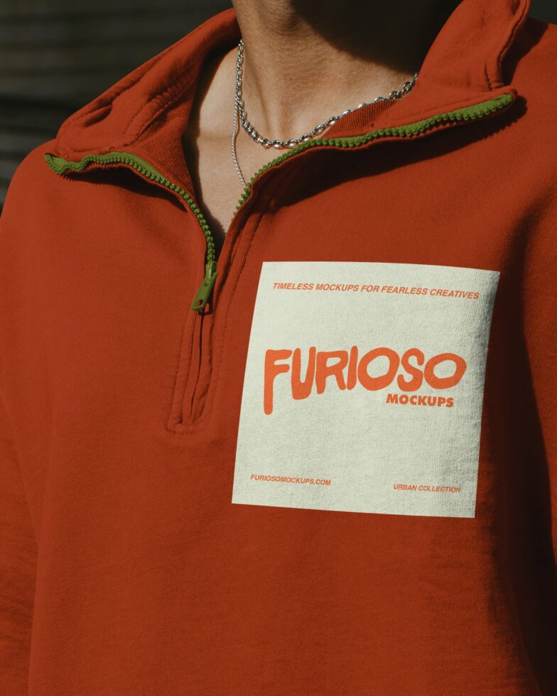 Red half zip hoodie with patch mockup worn by person showing neckline detail