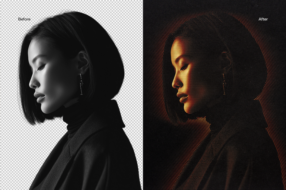 Before after comparison of portrait with glitch effect applied to face with yellow glow