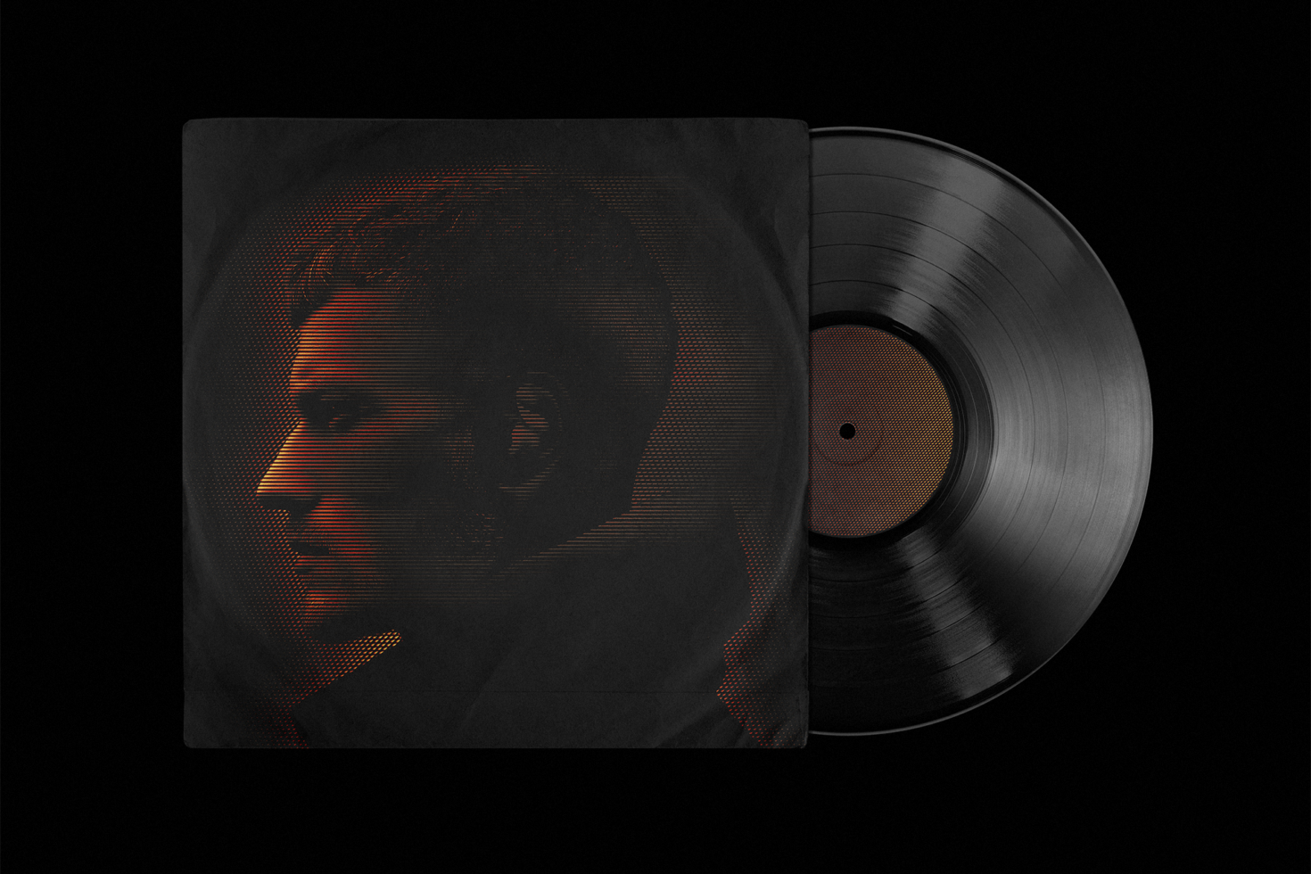 Vinyl record with orange halftone portrait on black album sleeve