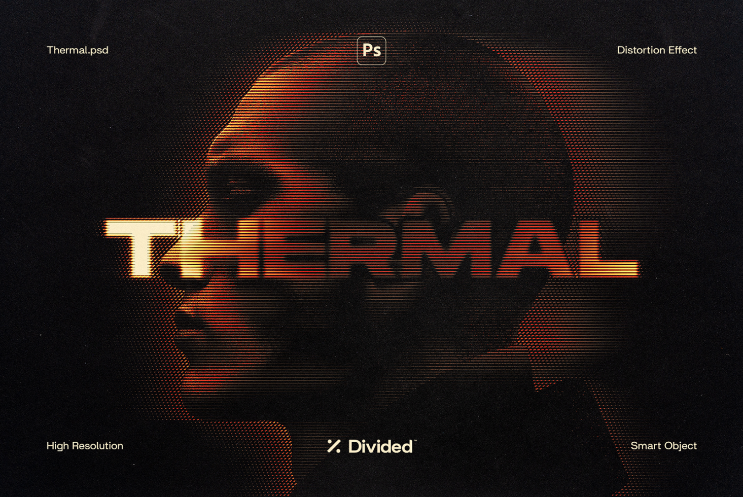 Thermal glitch text effect with orange scanlines over distorted skull on black background
