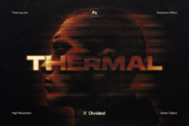 Thermal glitch text effect with orange scanlines over distorted skull on black background