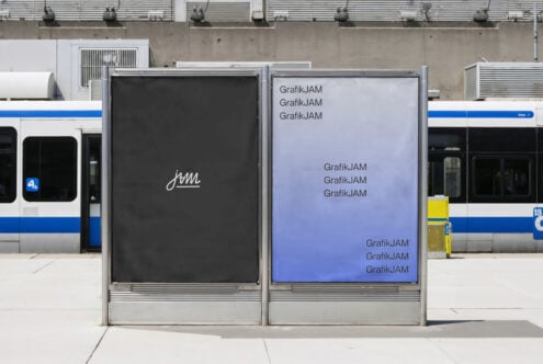 Two transit shelter ads side by side, left black with handwritten logo, right blue