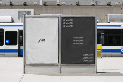 Double transit shelter billboards, left white with script mark, right dark with text