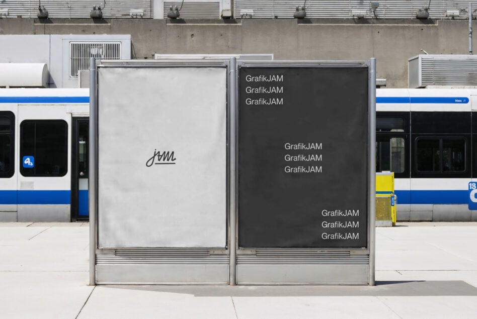 Double transit shelter billboards, left white with script mark, right dark with text