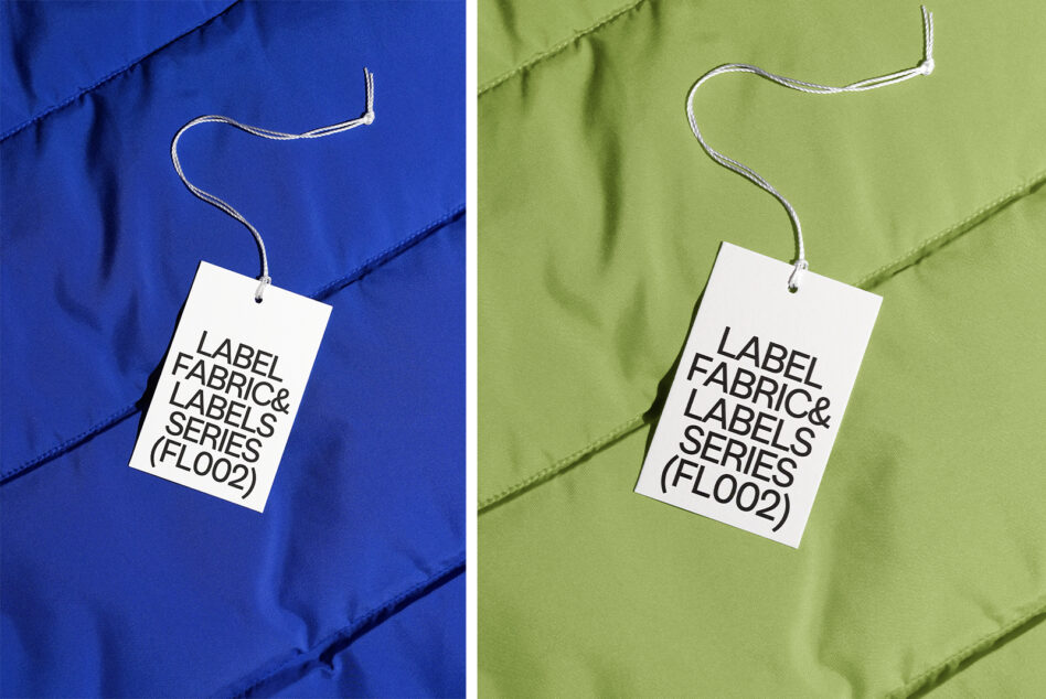 Bright blue plus lime green puffy jackets with white hang tags on silver cord