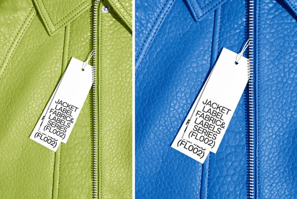 Lime green plus royal blue leather jackets with white hang tags on zippers