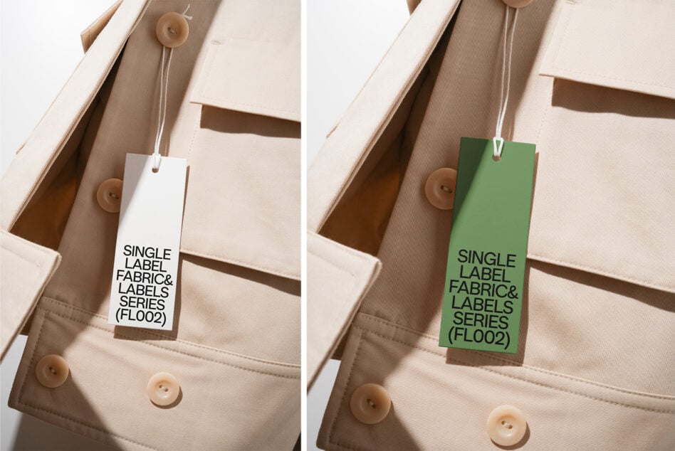 Split view of cream fabric with white plus green hang tags on string