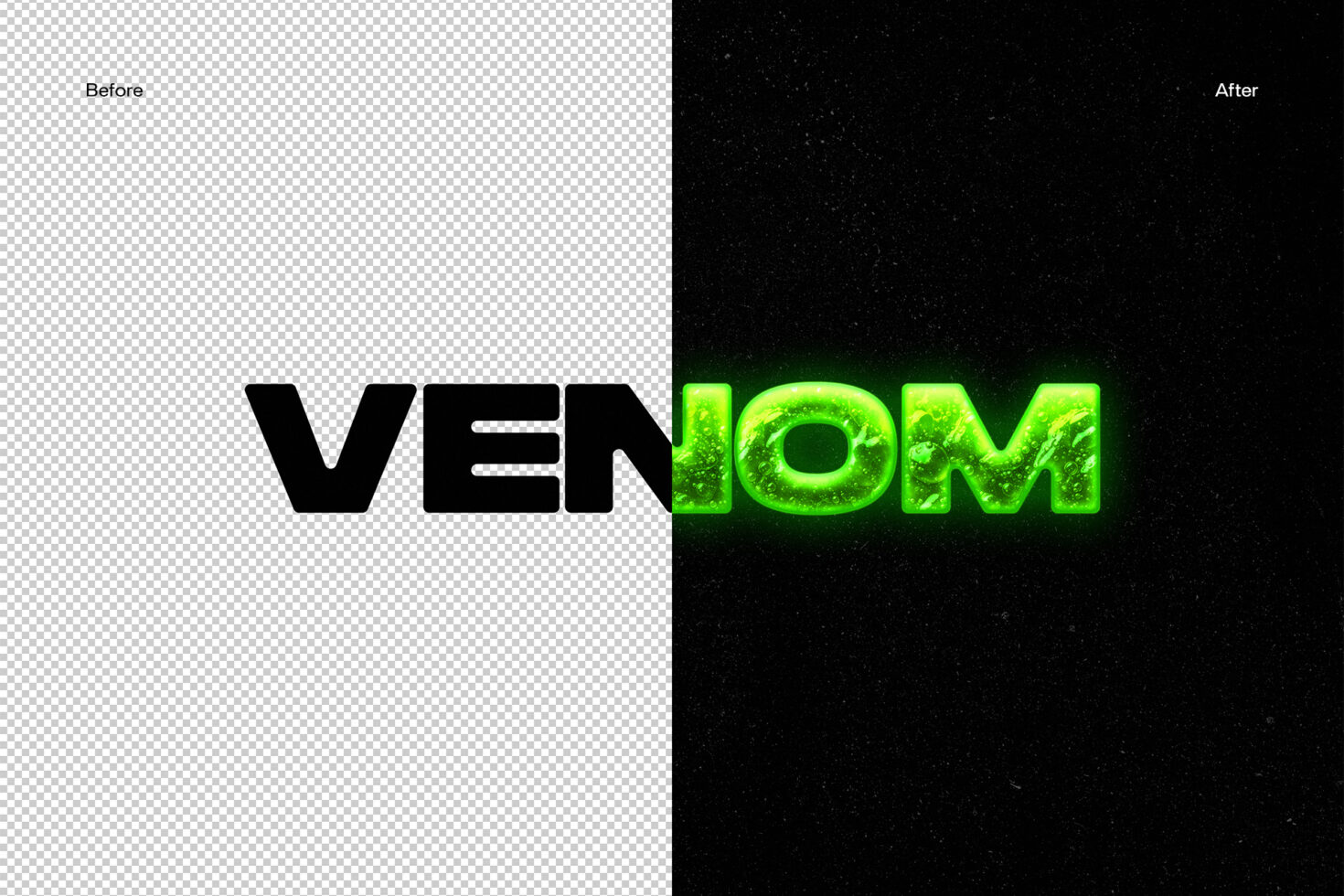 Before after comparison with neon green liquid text effect transition