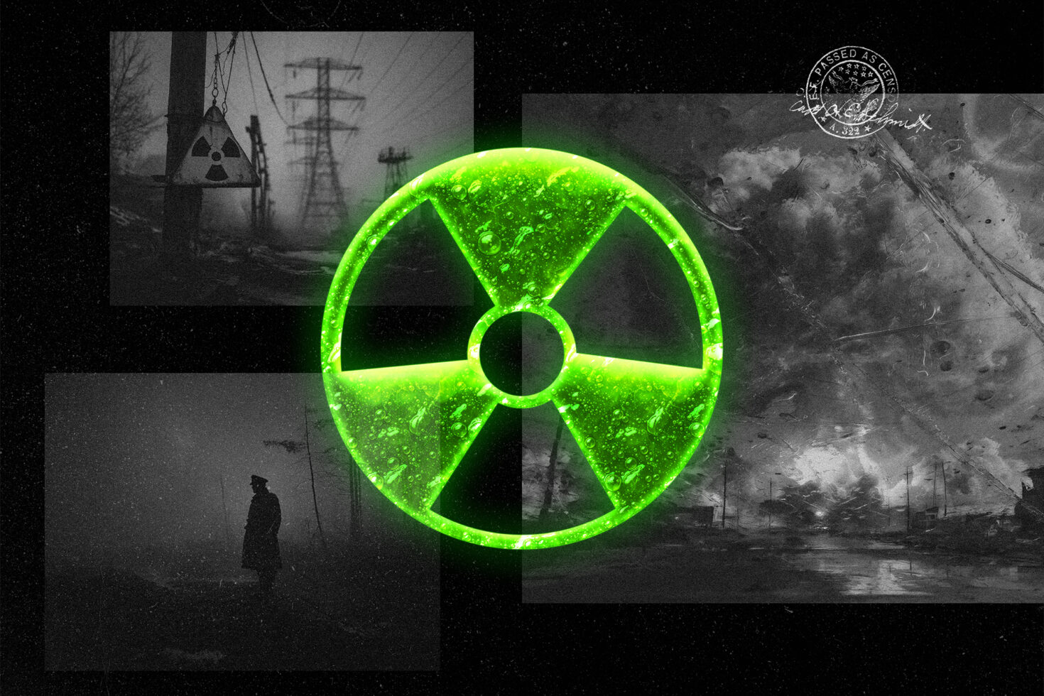 Glowing neon radiation symbol over post-apocalyptic landscape imagery
