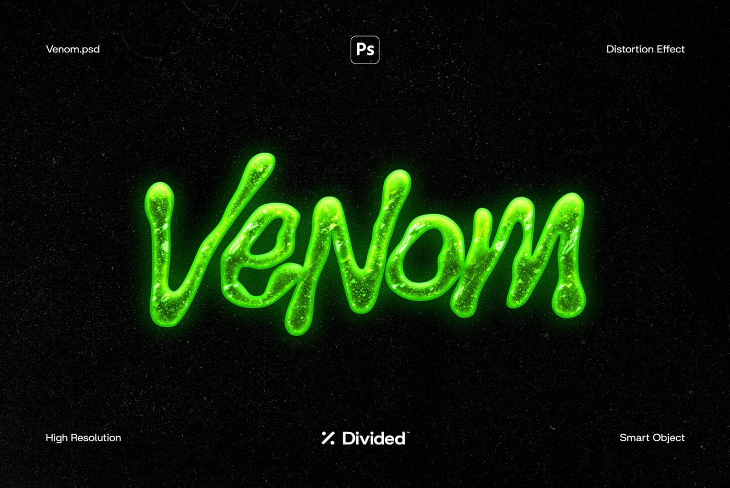 Bright lime green neon text spelling Venom with liquid texture effect on black starry background