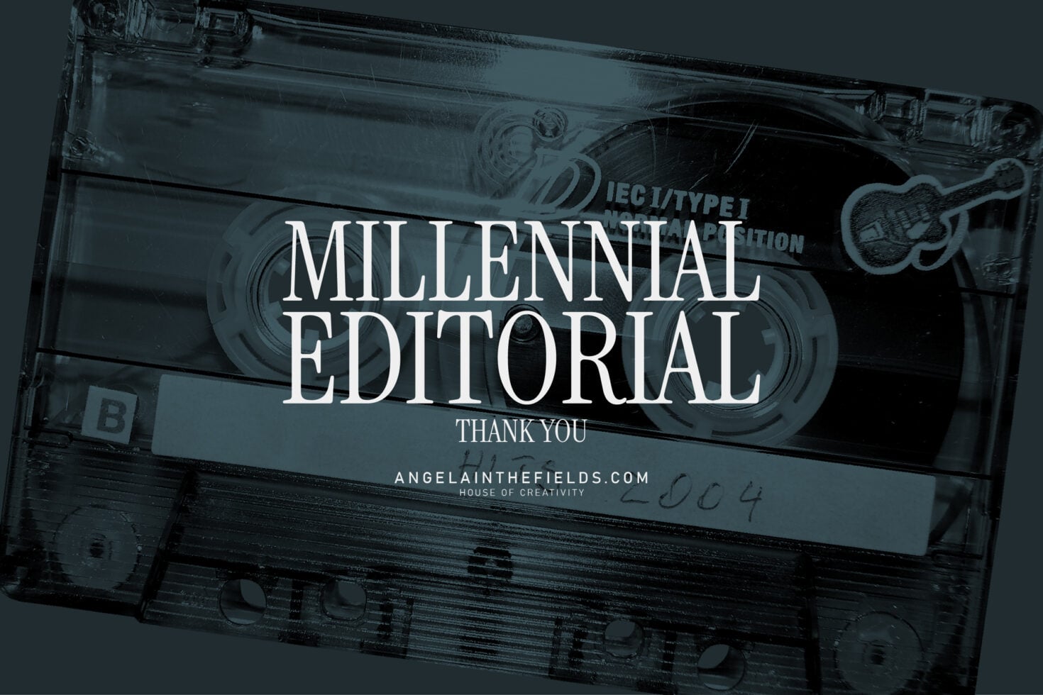 Translucent cassette tape mockup with white serif typography overlay on dark teal