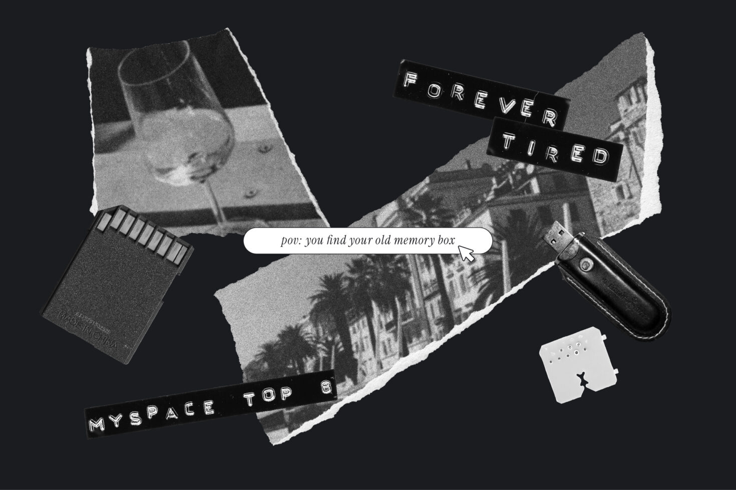 Scattered vintage photos, cassette tape, film negatives on dark background with text