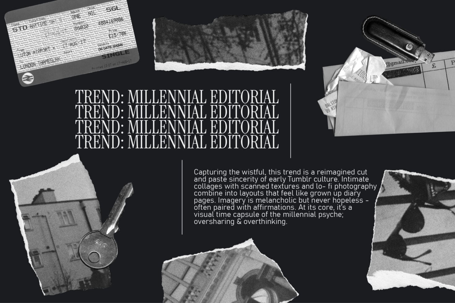 Black white collage layout with torn photo fragments, text overlays, scan receipts
