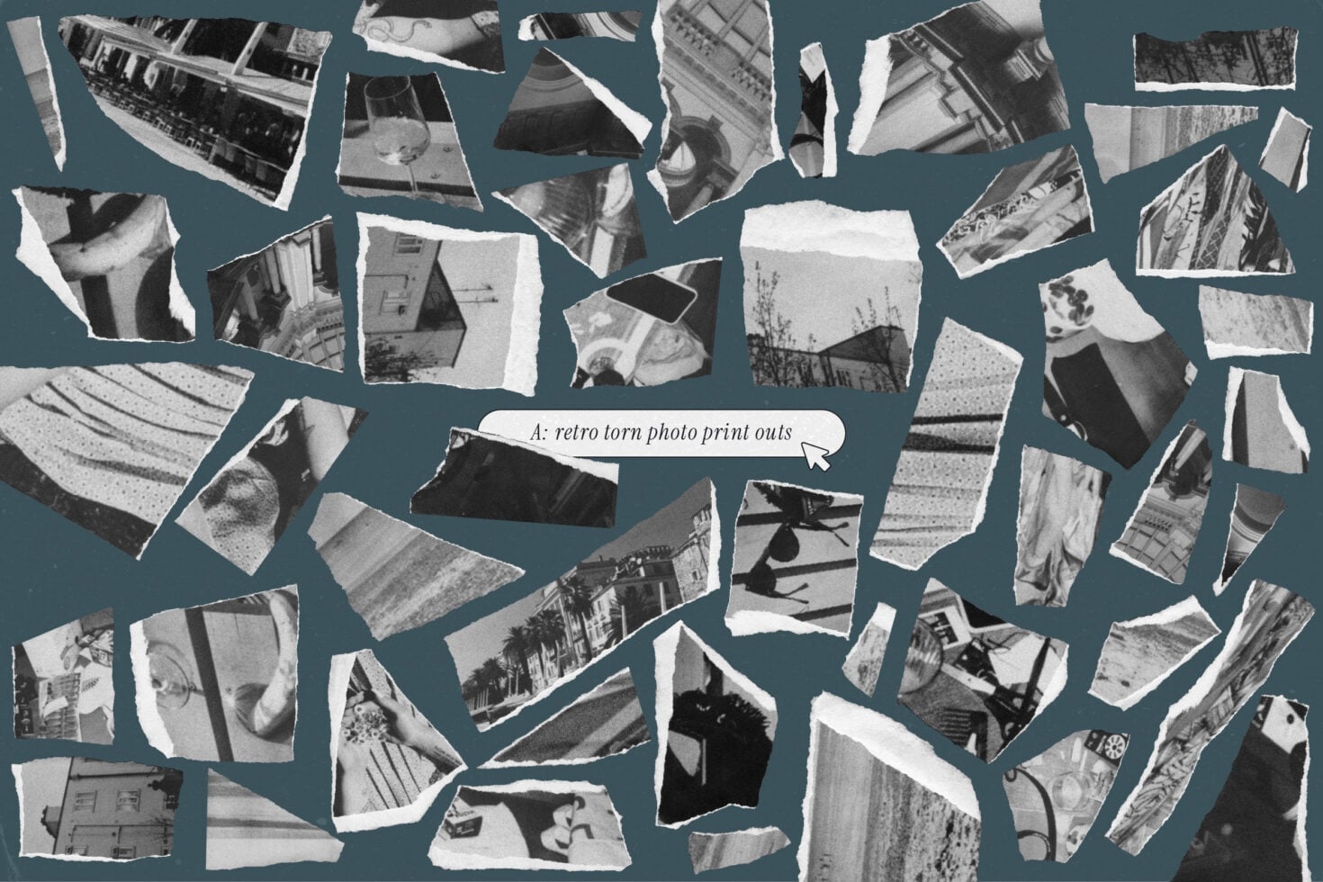 Scattered black white torn photo prints on teal background mimicking old snapshots