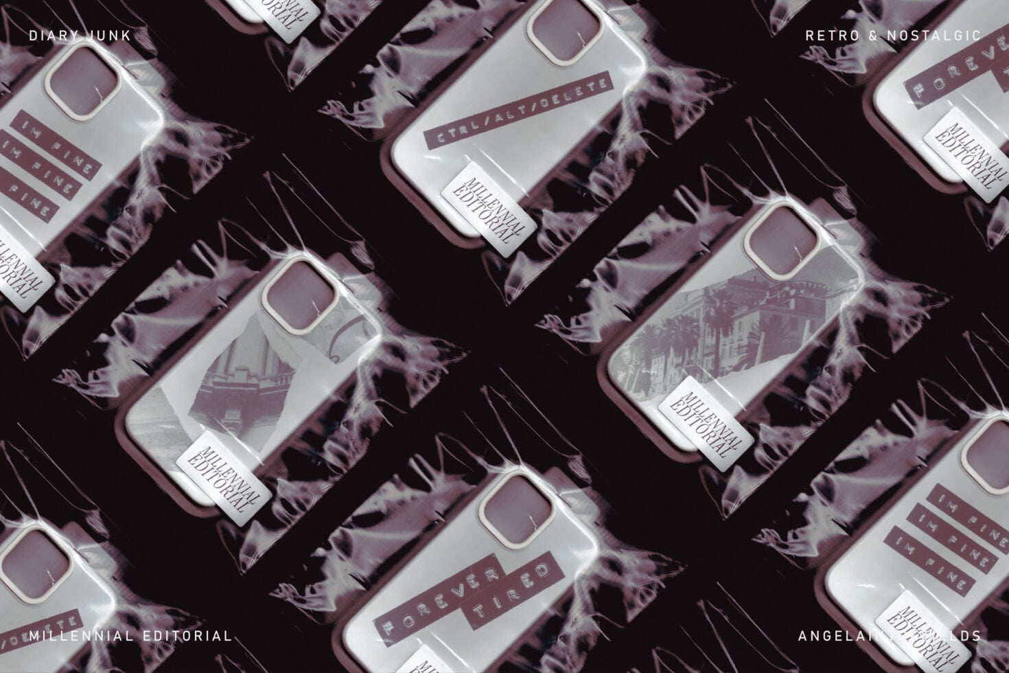 Diagonal grid of phone cases with purple marble texture stickers applied