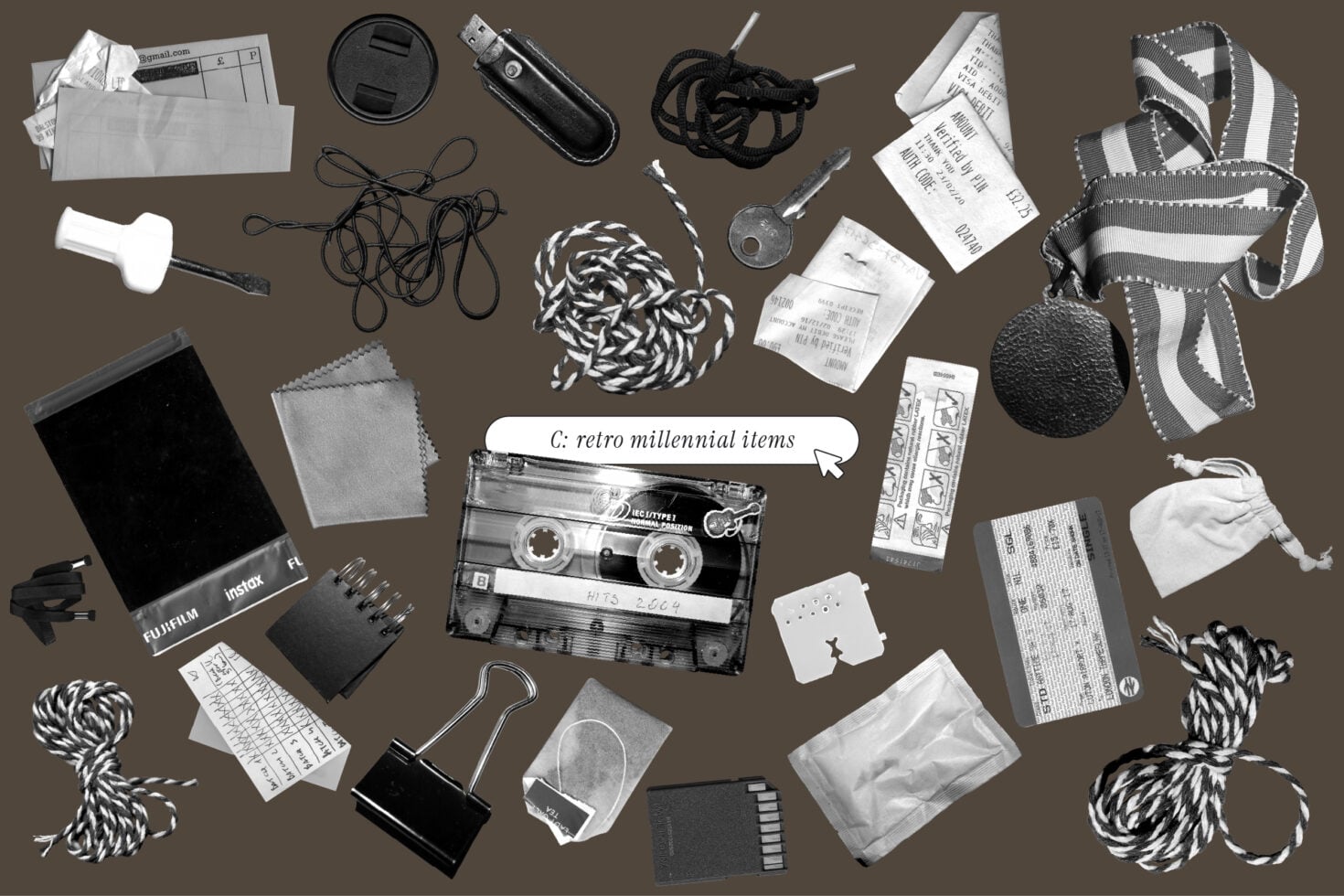 Flat lay collection of vintage items including cassette, instant camera, receipts, ribbons