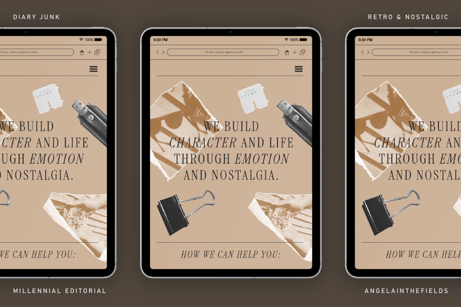 Three mobile phone mockups displaying beige website layout with nostalgic imagery