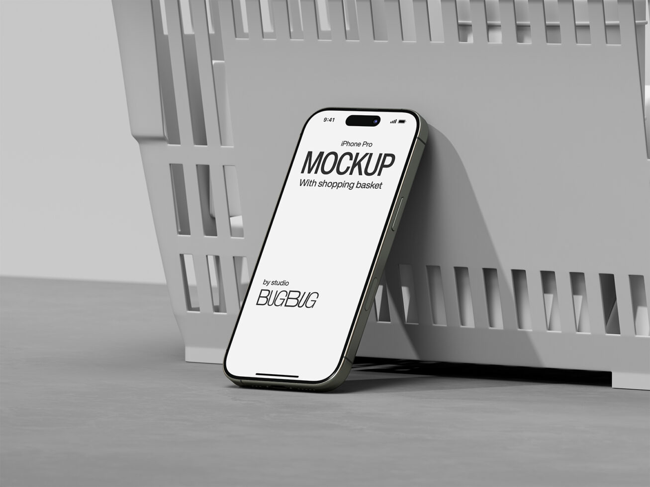 iPhone Pro mockup leaning against white shopping basket in studio setting