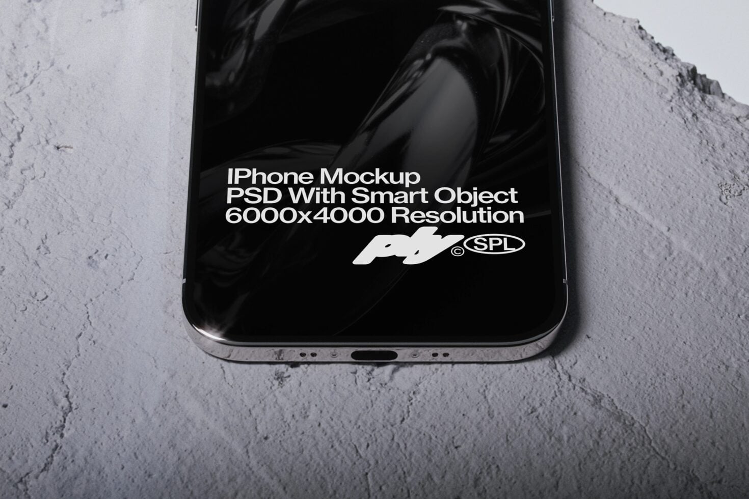 iPhone mockup with black screen on concrete ground surface