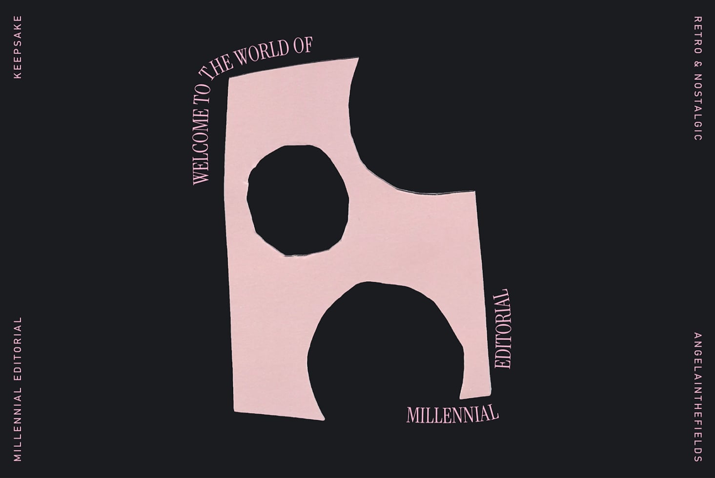 Pink geometric shape on black with circular cutouts, retro typography design