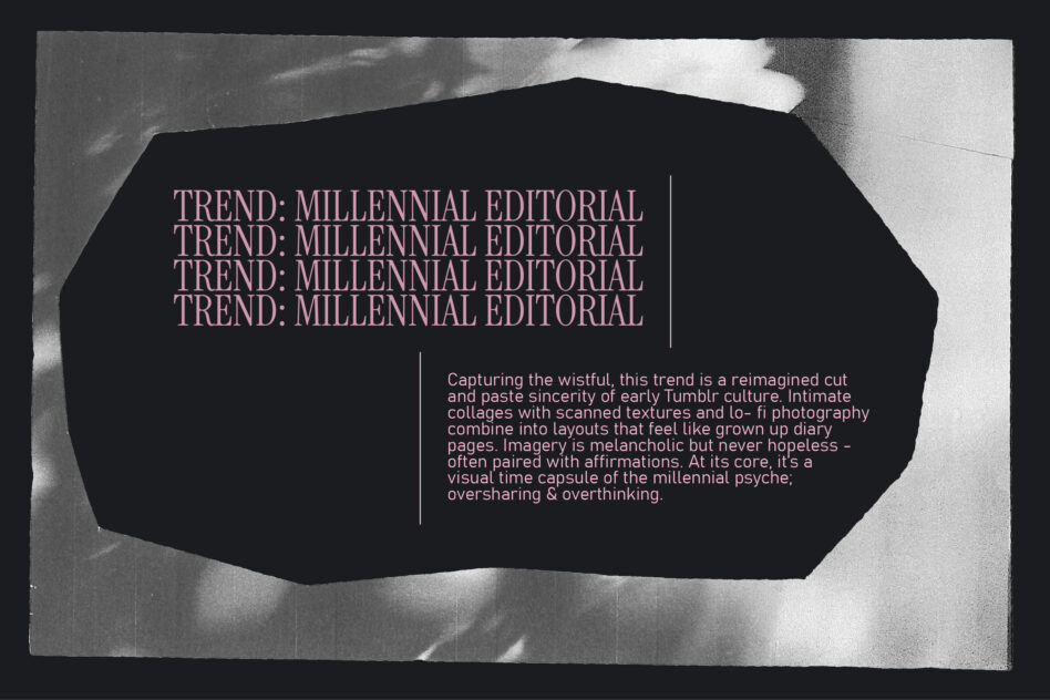Dark page layout with repeated millennial editorial text over scanned textures