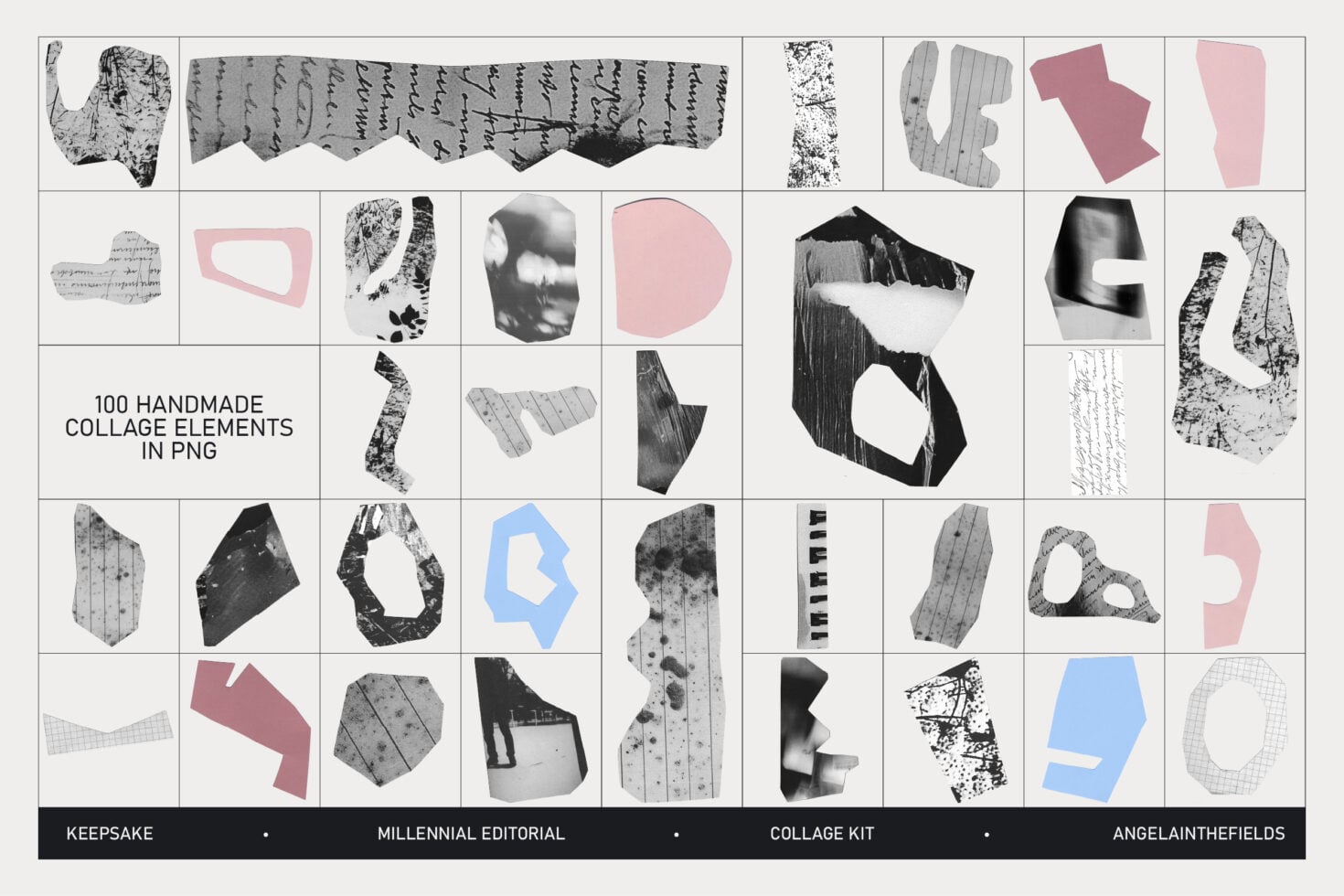 100 handmade collage element icons in PNG format, mixed media layout