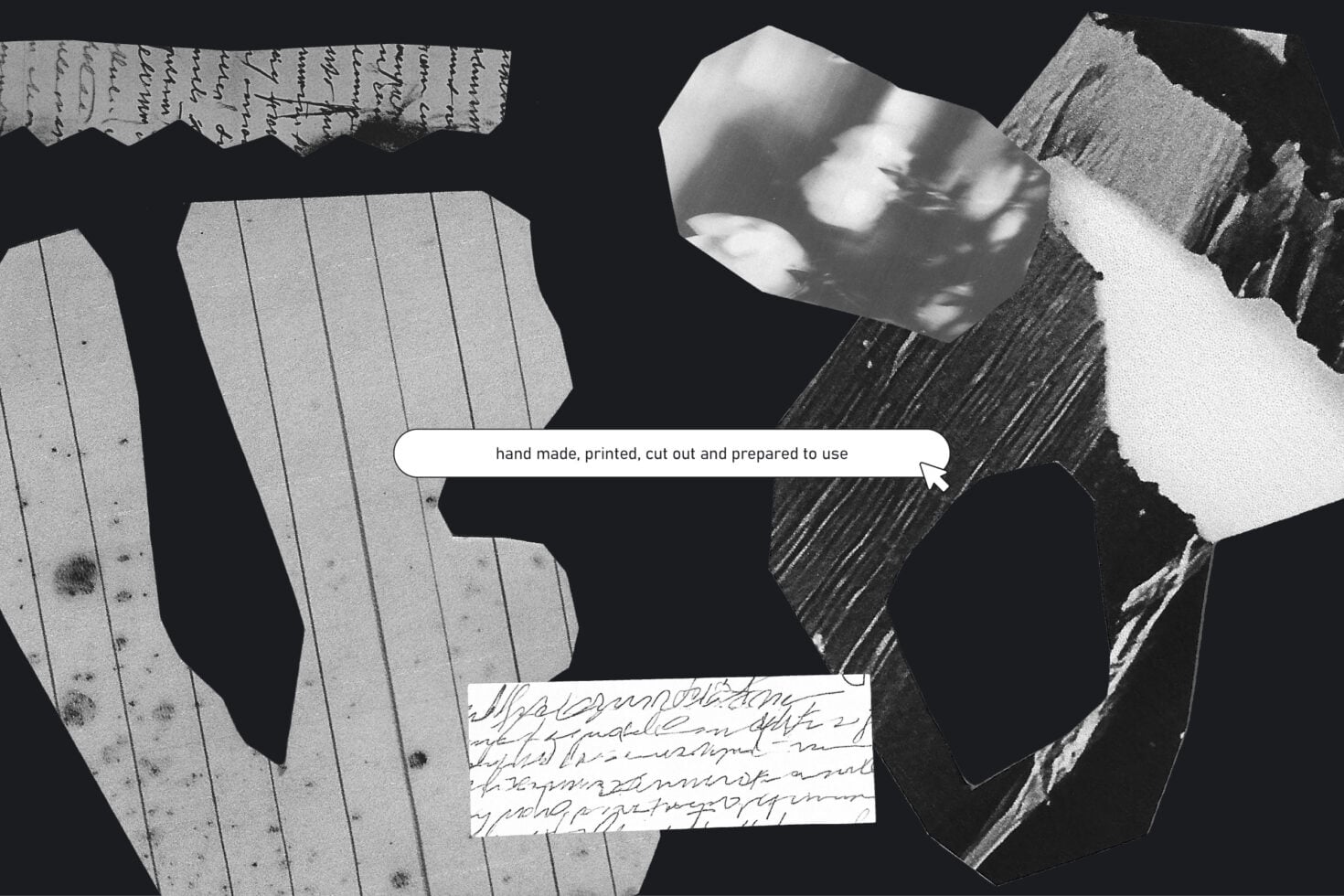 Scattered cut papers with handwritten text, typography, black-white textures