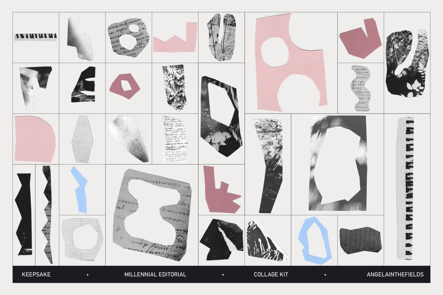 36-cell grid of handmade collage shapes in pink, black, gray, textured scans
