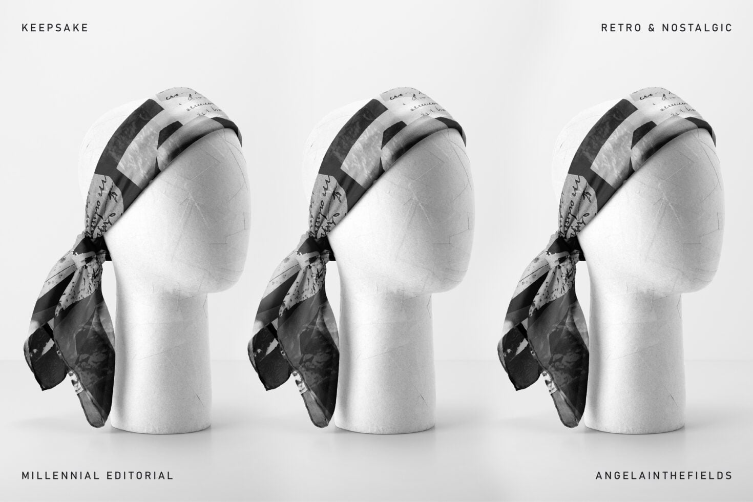 Three white mannequin heads wearing patterned fabric scarves, black-white photo