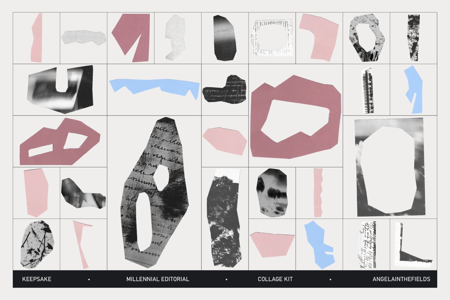Grid layout of 30 abstract design elements in pink, black, gray with textures