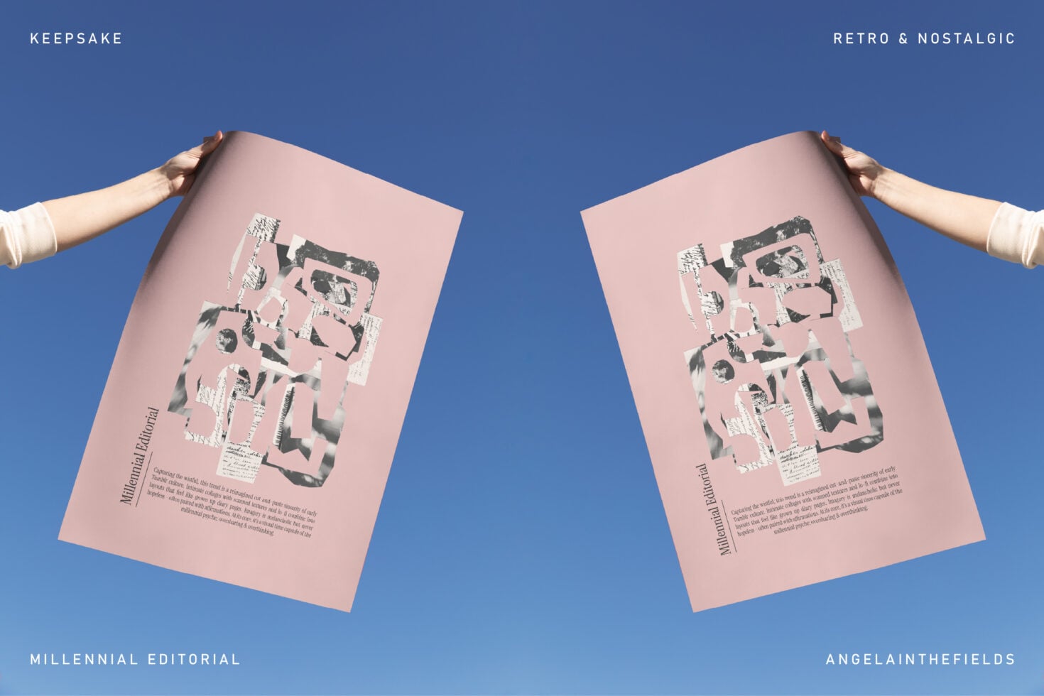 Two hands holding pink posters with collaged black-white imagery on blue background