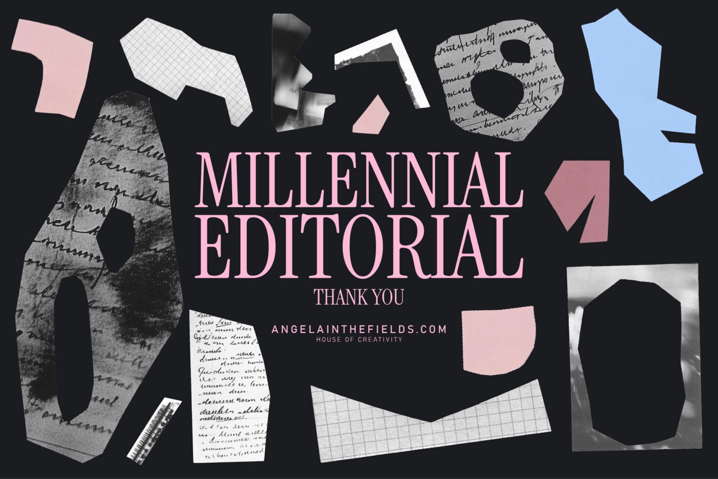 Millennial Editorial thank you poster with mixed textured letter cutouts on black