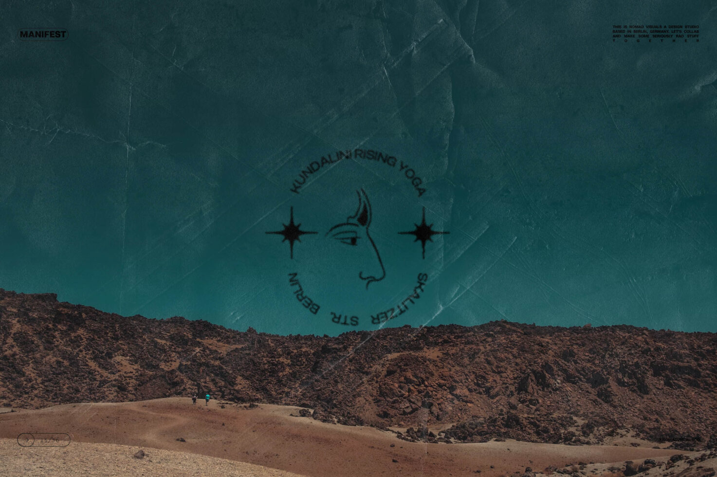 Desert landscape with teal sky overlay containing celestial face illustration