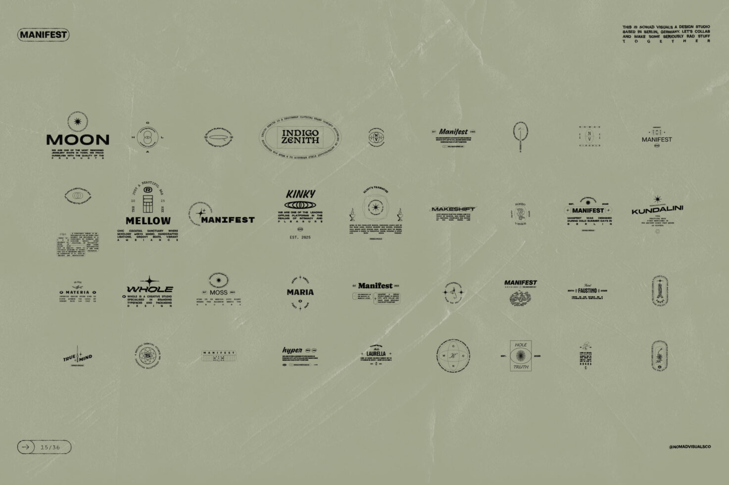 Sage background filled with 36 small logo designs, brand names, circular icons