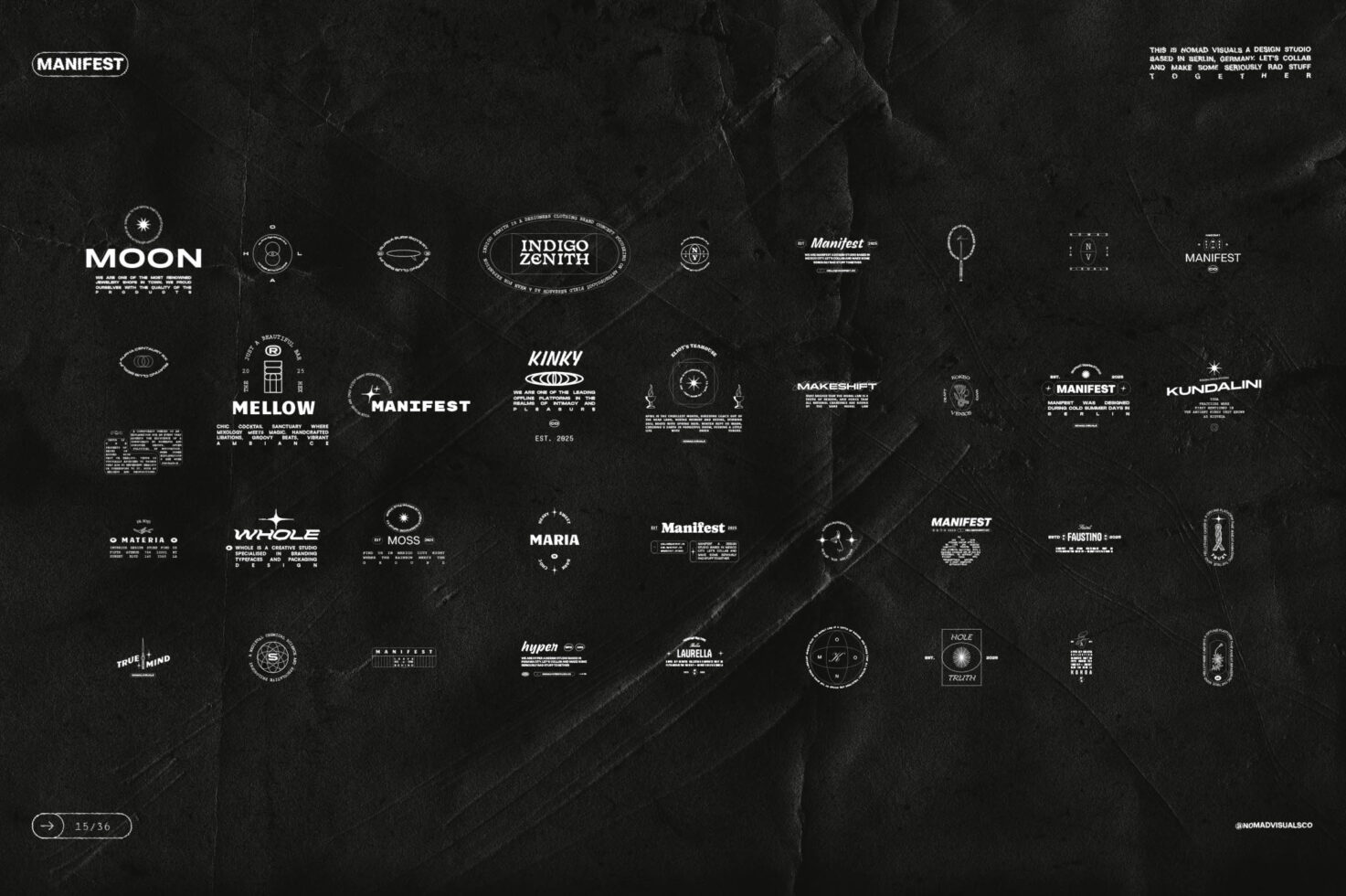 Dark textured background showing dozens of small white logo marks for brands like moon, kinky, kundalini