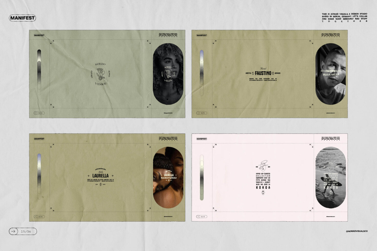 Four poster templates arranged in grid showing oval portrait photos, minimal text layouts