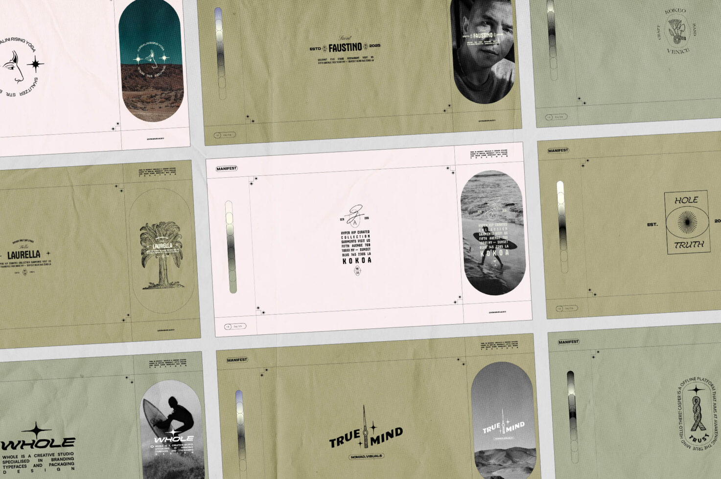 Overhead layout of sage green, cream, plus blue manifest posters with portrait cutouts