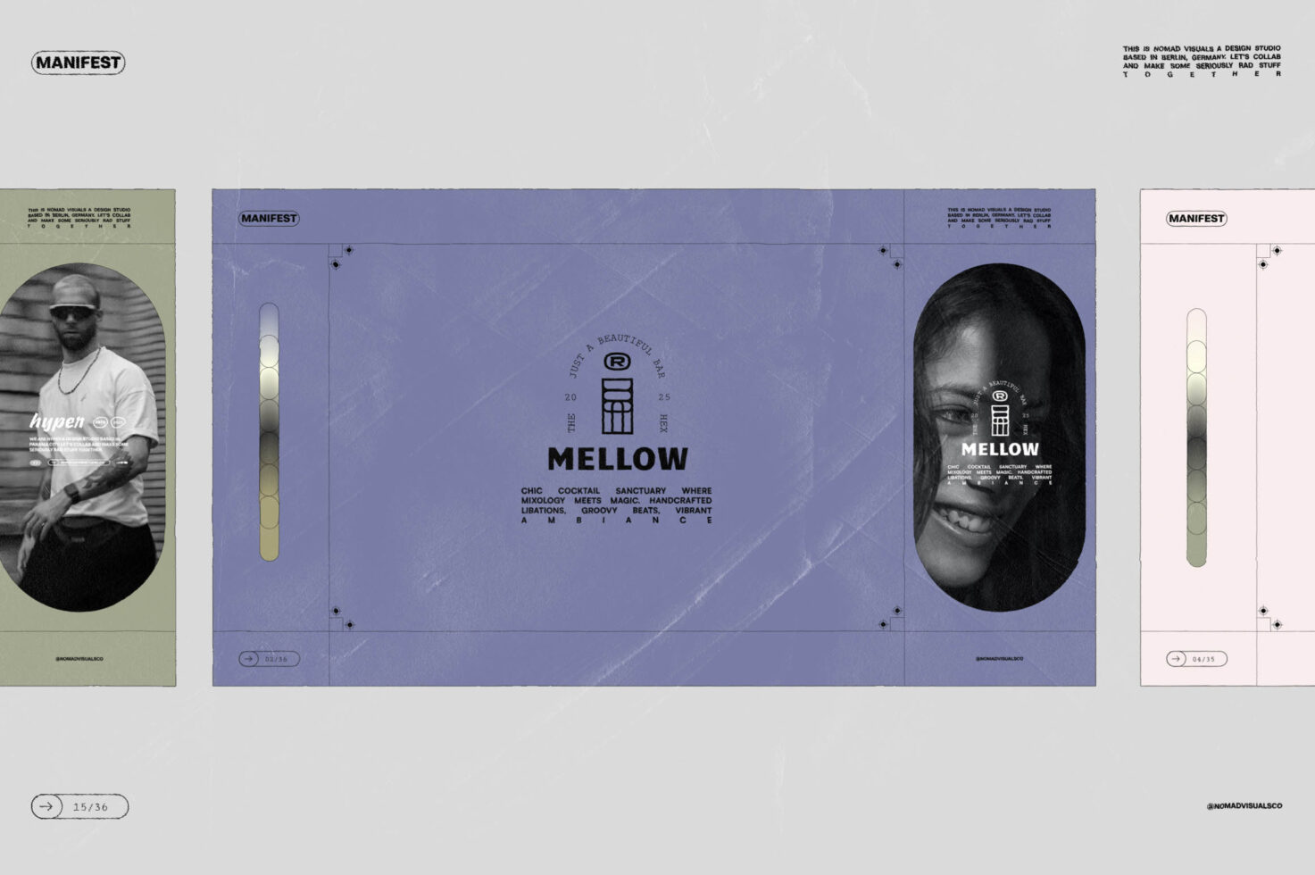 Three manifest posters displayed side by side featuring mellow branding with portraits
