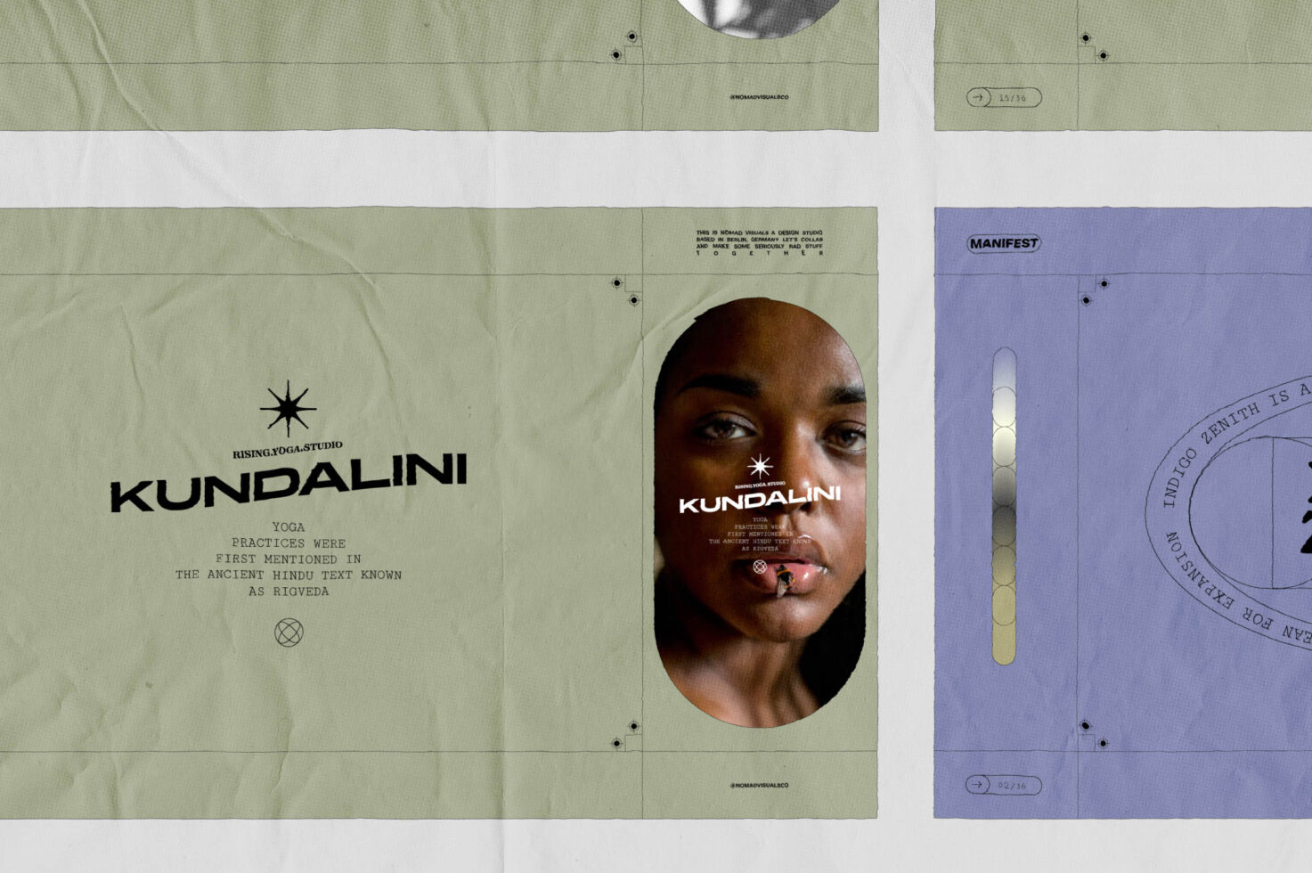 Kundalini poster in sage green with oval portrait next to periwinkle manifest poster