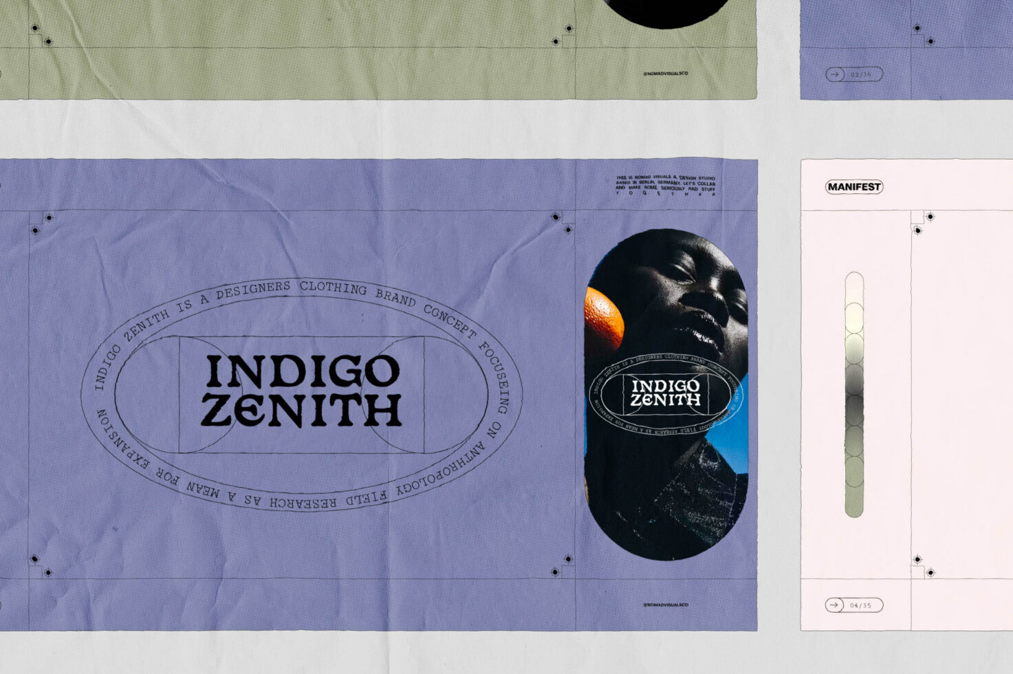 Indigo zenith poster spread in periwinkle with geometric oval logo beside manifest card