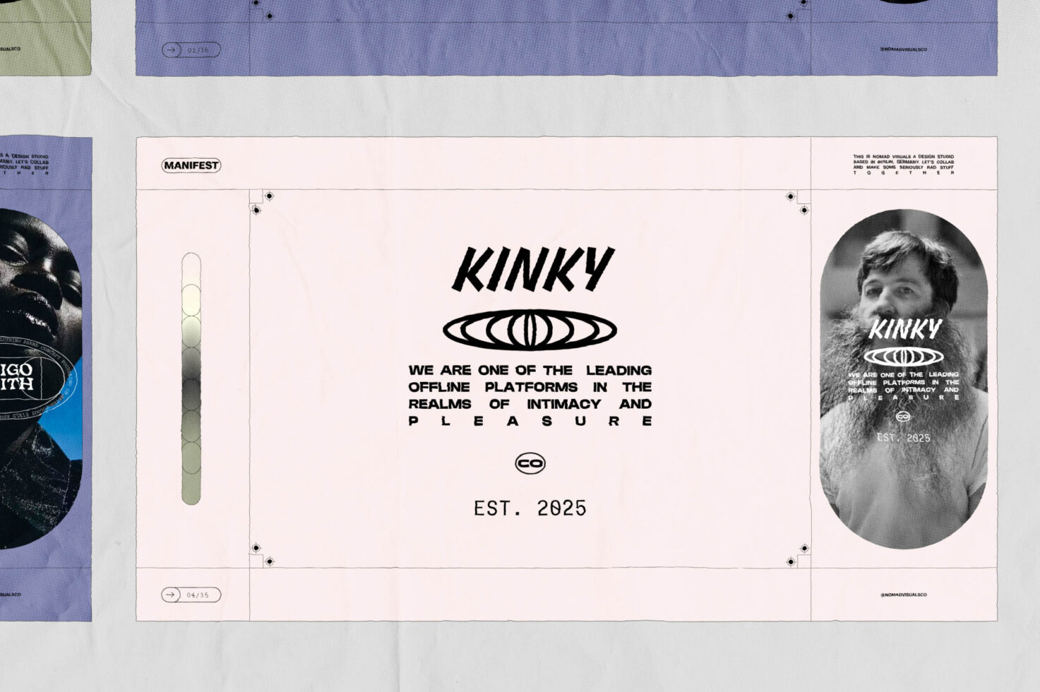Kinky manifest poster with large italic typography stating est. 2025 plus portrait detail