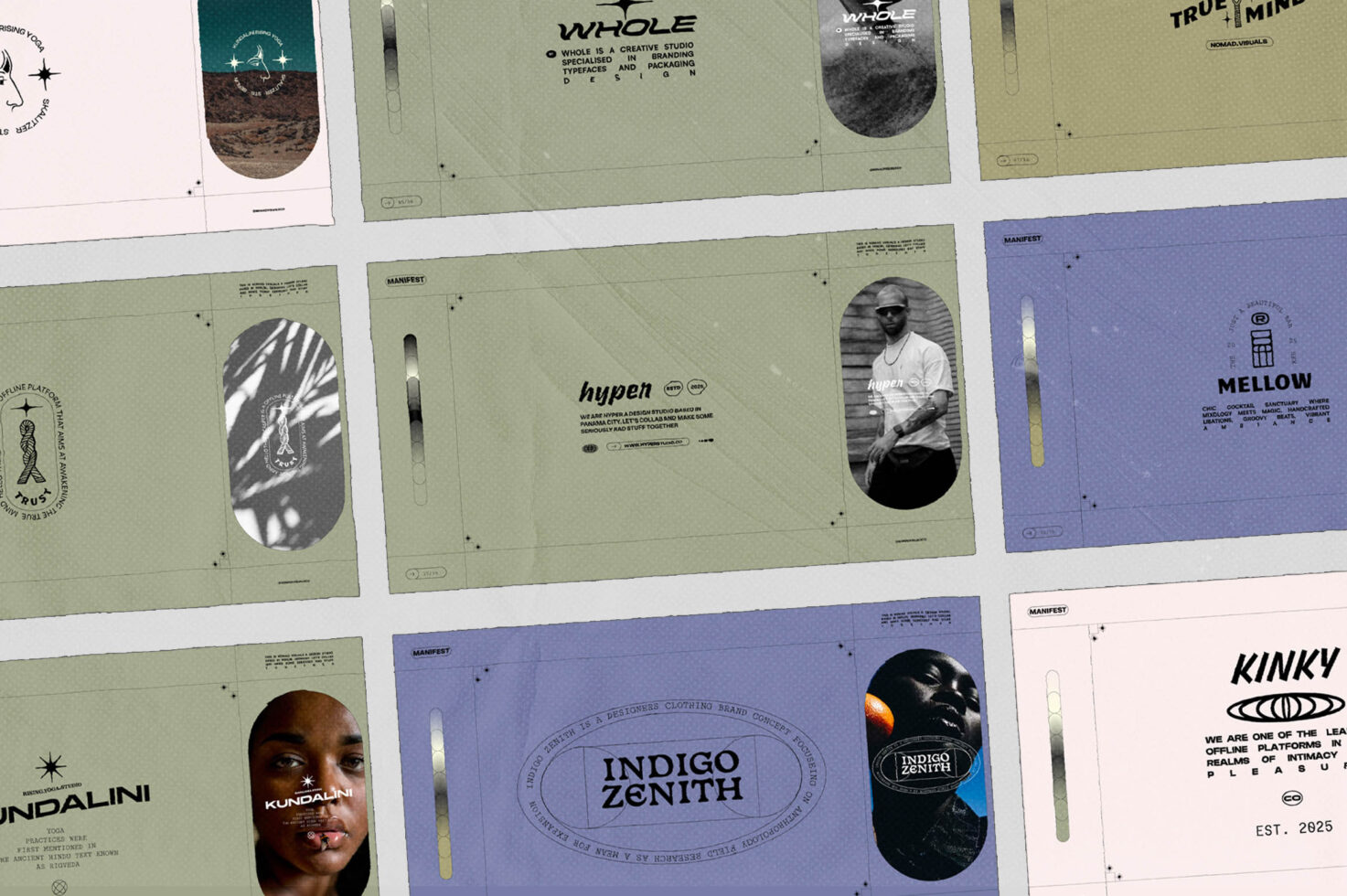 Scattered overhead view of mixed poster designs in sage, cream, periwinkle color palette